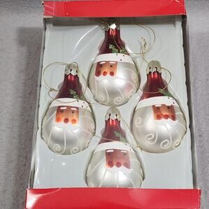 Holiday Home Set of 4 Santa Faces White Snow Glitter Decorated Glass Ornaments